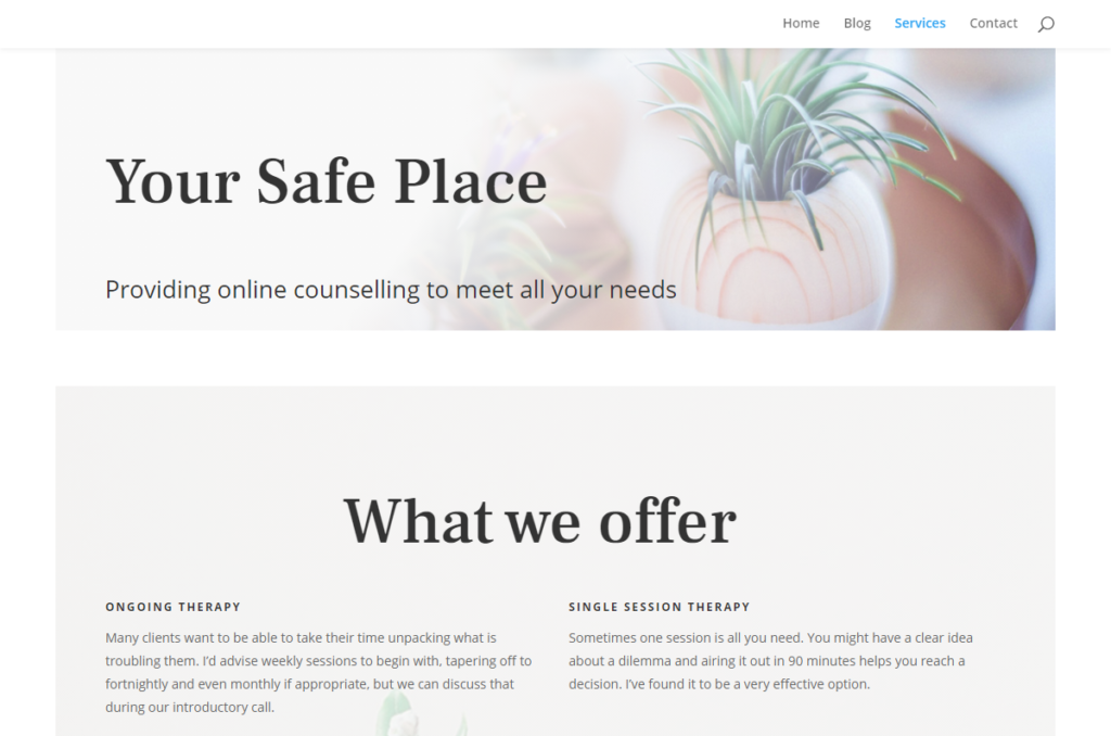 This is the services page of My Safe Place Therapy website