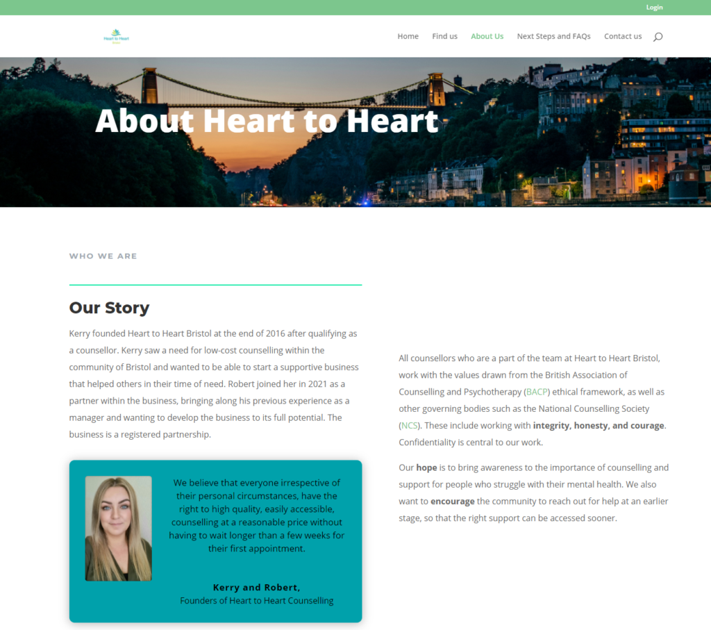 Screenshot of Heart to Heart Bristol About Us Page